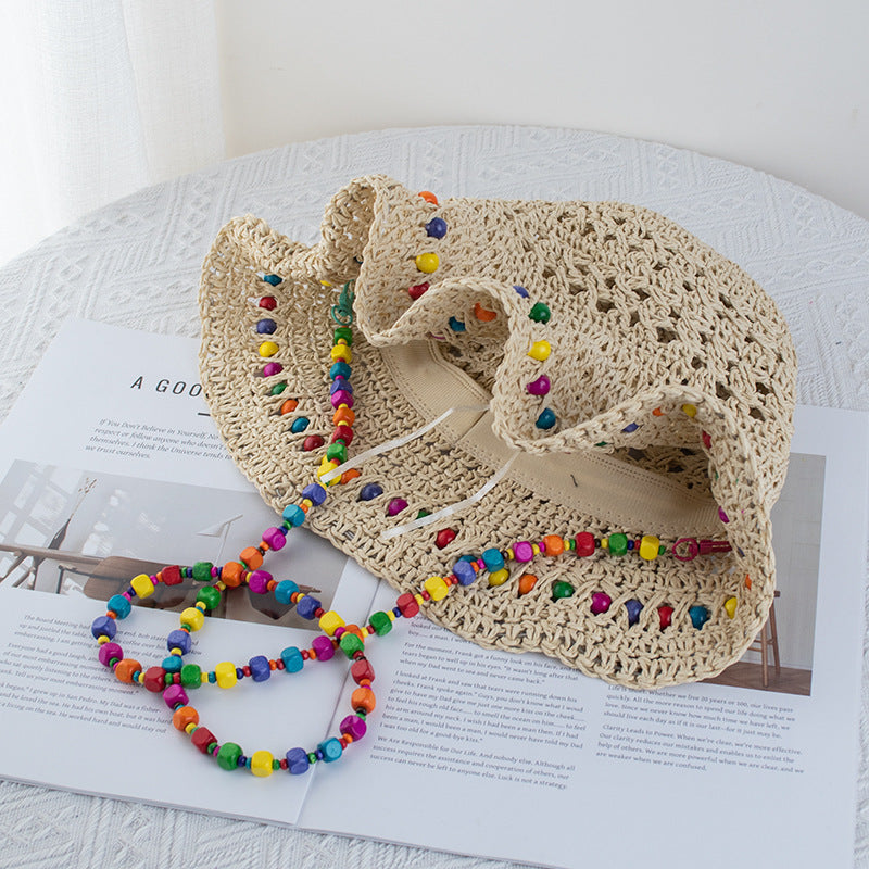 Wholesale Colorful wooden bead straw foldable beach sun protection bucket hat